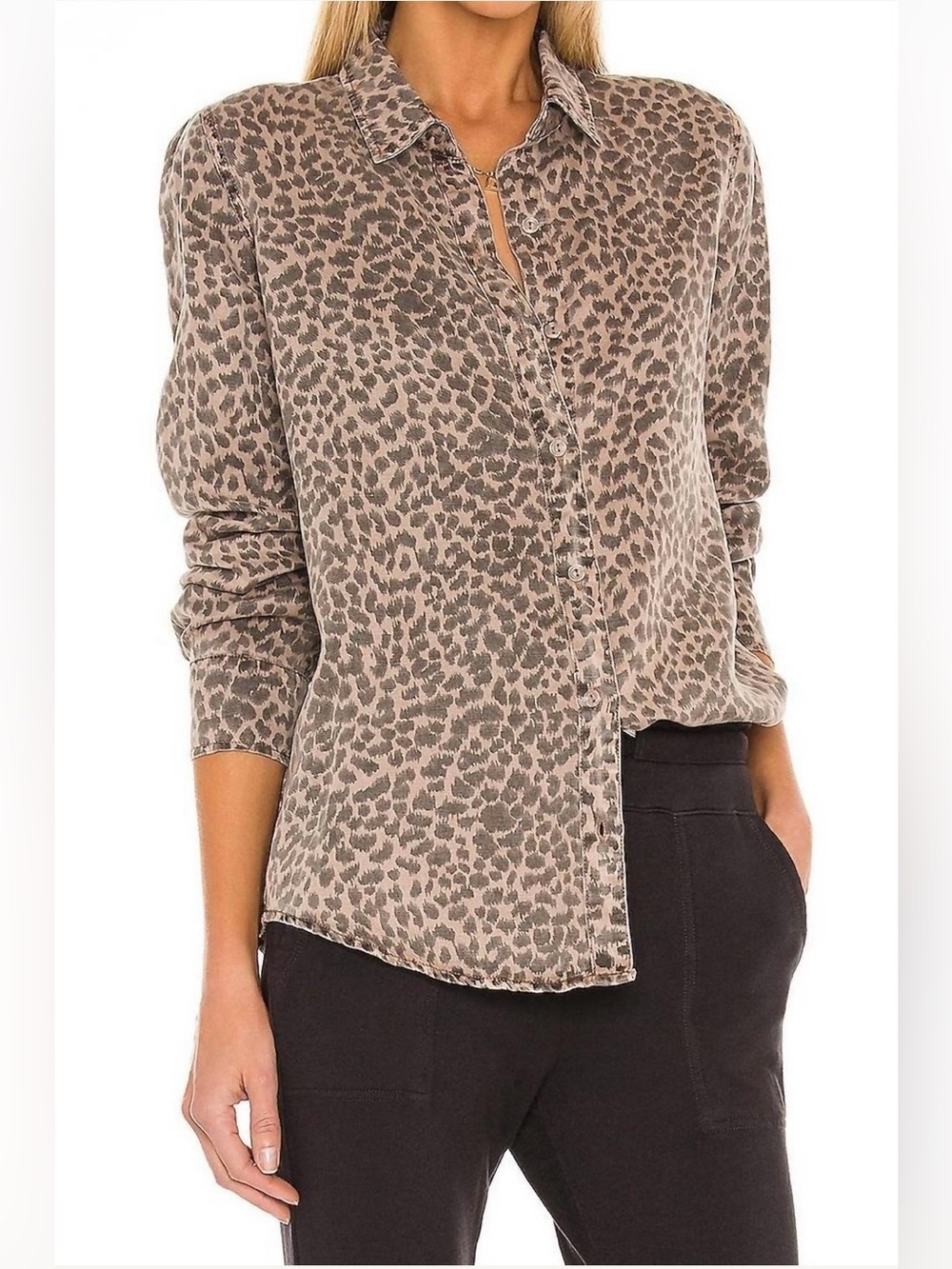 Monrow Taupe Leopard Print Button-Down Shirt